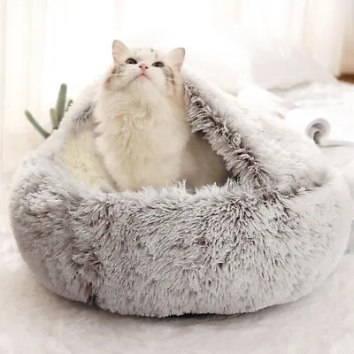 Pet Dog Cat Calming Bed Cave Round Plush Fluffy Hooded Cat Bed House Donut 40cm • £10.95