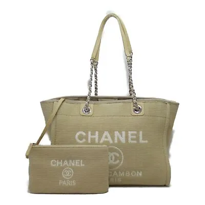 CHANEL Deauville Shoulder Tote Bag MM Pouch Canvas Beige SHW Used Women CC COCO • $7422.94