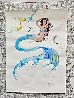 ORIGINAL Vintage Terry Cramolini Watercolor Painting - Koi Mermaid Nude Fantasy • $20