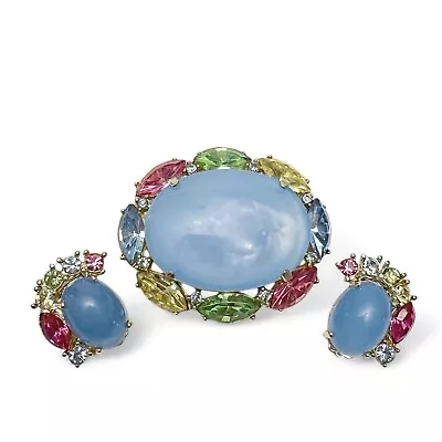 Vintage Fruit Salad Pastel Rhinestone Oval Cabochon Brooch Clip On Earrings Set • $49.99