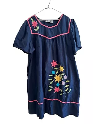 Vintage National Brand 3X Navy Floral Applique Muu Muu Housedress Pockets • $17.49