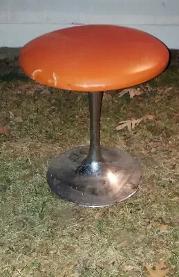 VINTAGE MID CENTURY MODERN ROUND STOOL ORANGE CHROME Base 15.5  TALL • $89.99