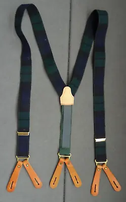 Polo Ralph Lauren Wool Plaid Button Suspender VTG Tartan Navy Green Leather RL • $47.98