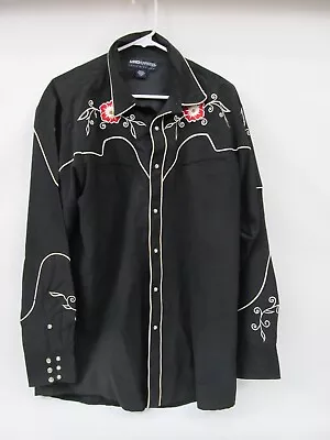 Western Cowboy Pearl Snap Embroidered Rodeo Shirt Large MWG Black W/ Roses • $29.99