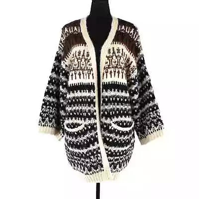 ZARA Knit Fair Isle Ivory Brown Oversized Cardigan XS S Jacquard Long Sweater • $59