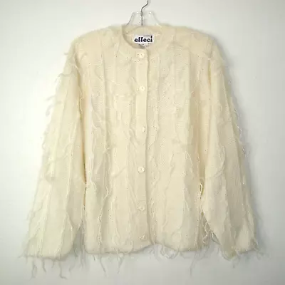 Vintage CREAZIONI Effeci Cream Fringy Mohair Blend Cardigan Sweater* Size M • $29.95