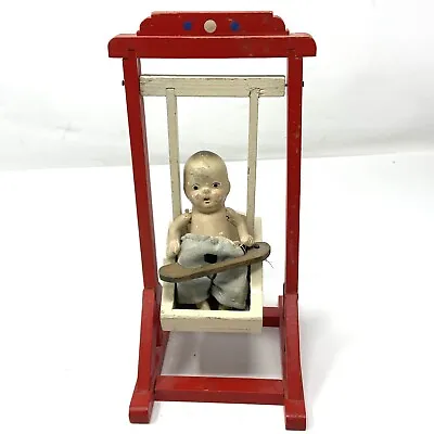 ANTIQUE German Wood Doll House Doll Swing And Bisque Jointed Baby Doll Japan • $46.50