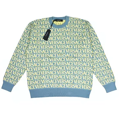 NWT $1150 Versace Light Blue Yellow Allover Logo Knit Sweater Men's 50 AUTHENTIC • $439