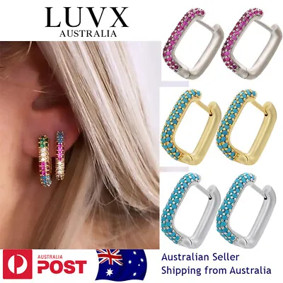 $9.99 • Buy LUVX 925 Sterling Silver Gold Cubic Crystal Cuff Huggie Hoop Square Earrings 