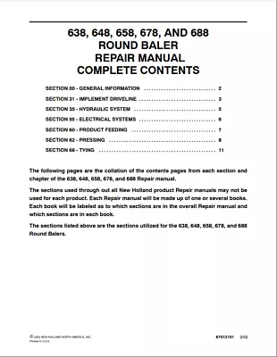 New Holland 638 648 658 678 688 Round Baler Service Manual - 87012726 USB • $290.54