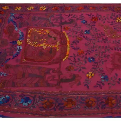 Sanskriti New Pink Dupatta Hand Embroidered Phulkari Stole Chanderi Silk Scarves • $64.99