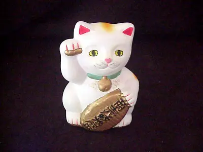 Vintage Ceramic Bisque Maneki Neko Lucky Cat  Bank Very Good  4 3/4  • $15