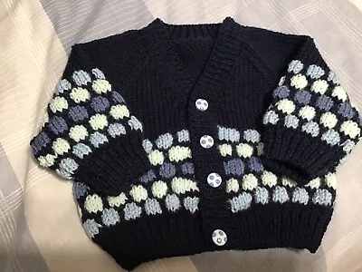 Hand Knitted Baby Boys Cardigan3-6 Months. Navy With Blue Bobbles. • £6