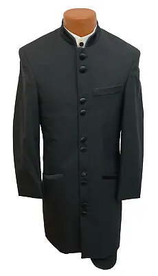 Men's Long Black Tuxedo Jacket Frock Coat With Satin Mandarin Nehru Collar 35S • $59.98