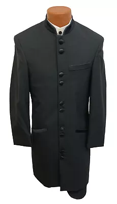 Men's Long Black Tuxedo Jacket Frock Coat With Satin Mandarin Nehru Collar 36S • $50