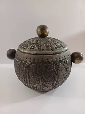 Middle Eastern Tinned Copper Lidded Pot / Ice Bucket. Hammed Figural Design • $89.98