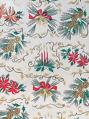 VTG 1950's CHRISTMAS WRAPPING PAPER 2 YARDS GIFT WRAP PINECONE CANDLE BELLS • $7.49