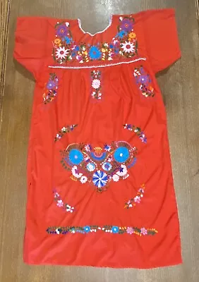 Red Mexican Embroidered Dress Size Medium Handmade Peasant Fiesta Floral • $18