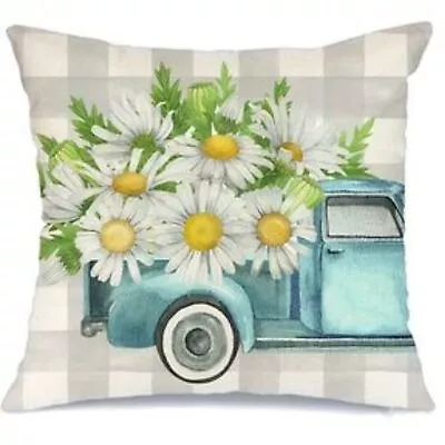 New Daisies Vintage Truck Floral Linen Pillow Cover Home Decor 18  X 18  • $8.80