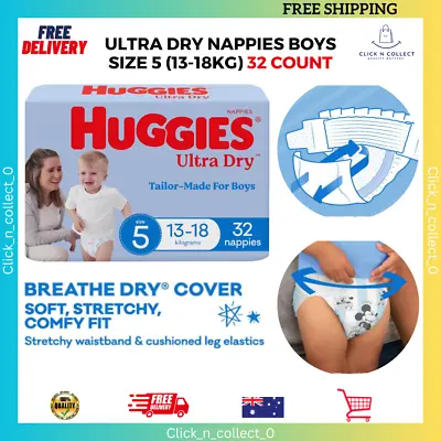 Huggies Ultra Dry Nappies Boys Size 5 (13-18kg) 32 Count: Soft Stretchy Comfy • $26.89