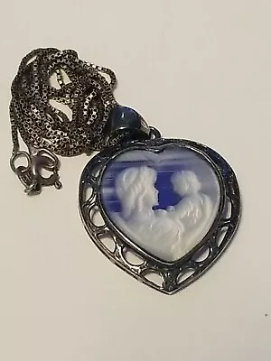 Stunning Blue Cameo Mother & Child Signed 925 HAN On 26  925 Italy SU Box Chain • $79.99