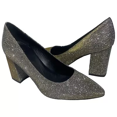 Aquatalia Peony Metallic Pump Block Heel Women Size 7 M Iridescent Gold Silver • £284.03