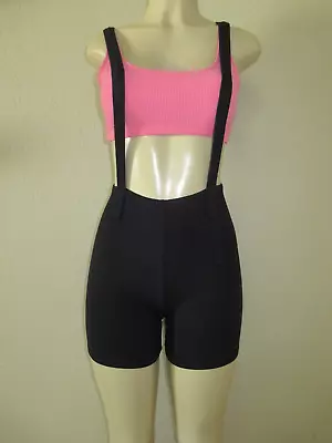 Vtg 80s Gilda Marx Sz M Suspender Bodysuit Black Pink Ribbed Bra Shorts Attached • $29.99