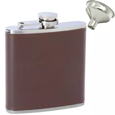 Small Flask 6oz Brown Leather Wrapped Hip Pocket Booze Smuggle Whiskey + Funnel • $12.99