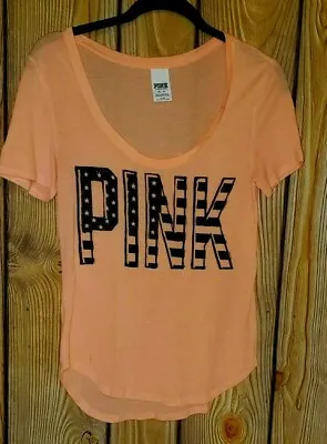 PINK Victoria Secret Womens T-Shirt XS PINK Logo Sheer American Flag Coral • $5.94