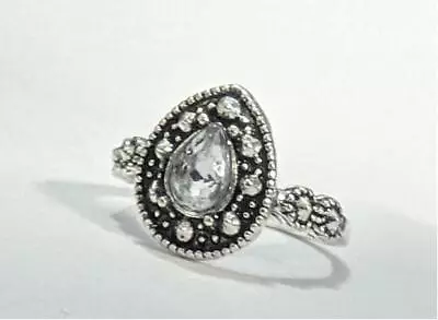 Womens Silvertone Black Clear Stone Teardrop Ring Size 5.5 New Pinky Midi Small • $3.99