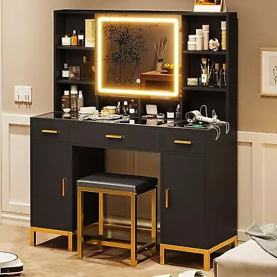 Makeup Vanity Desk Set With Mirror & Stool Modern Dressing Table Glass Tabletop • $279.89