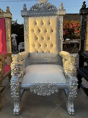 Silver & White Gothic Throne Medieval Style Chair With Lion Head Armrest • $1685