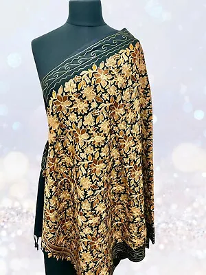 Luxurious Kashmiri Embroidery Shawl Scarf Wrap Stole Hijab Fine Wool Black • £19.99