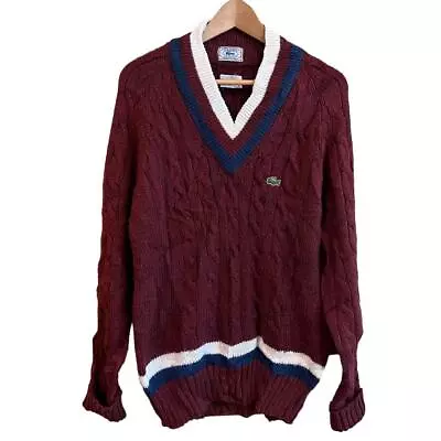 VTG 70s/80s Lacoste Maroon Cable Knit Tennis Cricket Sweater L • $31.58