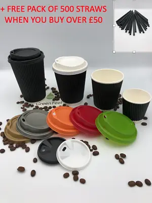 BLACK RIPPLE TRIPLE WALL PAPER CUPS 8oz COFFEE TEA Disposable LIDS Hot Drinks • £9.95