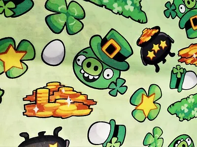 ANGRY BIRDS St Patrick's Day Cotton Fabric Leprechaun Pot O Gold Clover - BT½YD • $4.98