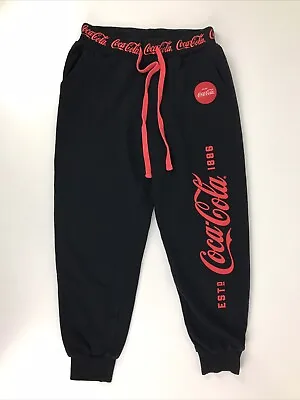 Track Pants Black Size 10 Red Coca Cola Coke Graphic Pockets Drawstring Fleece • $22