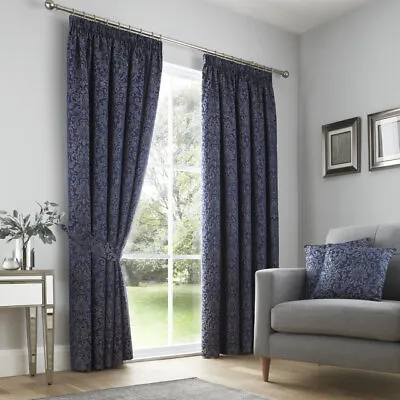 Navy Lamina Decorative Jacquard Lined Tape Top Pencil Pleat Curtains Pair • £10.99