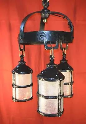 1920s GOTHIC ARTS & CRAFTS 3 LIGHT CHANDELIER W/ PEBBLED GLASS • $459