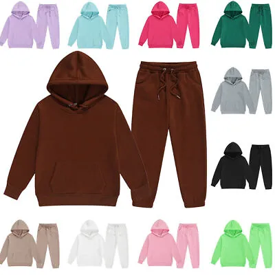 Boys Girls Plain Hoodie Tracksuit Set Kid Hooded Fleece Sweatshirt Top+Pant Suit • £9.98