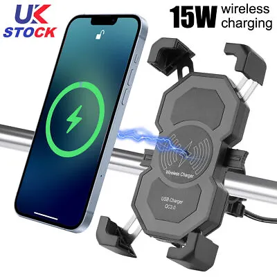 Motorcycle Phone Holder Charger 15W Fast Wireless Charging Motorbike Mount UK • £14.99