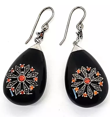 Miriam Salat Black Resin And Crystal Starburst Sterling Silver Drop Earrings • $180