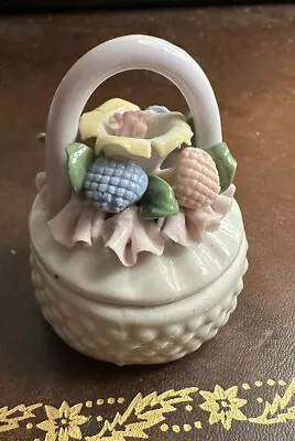 Vintage Small Ceramic Collectible Flower Basket Trinket Ring Box Figural • $3