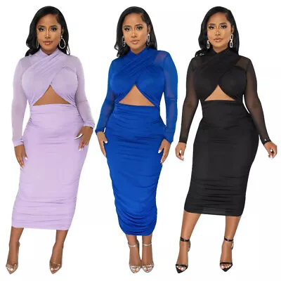 Hot Sale Sexy Women Long Sleeves Mesh Pleated Patchwork Bodycon Solid Club Dress • $32.78