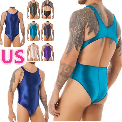 US Men Glossy Swimsuit One Piece Bodysuit Leotard Cut Out ​Thong Sport Swimwear • $12.54