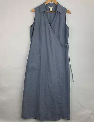 J. JILL 100% Linen Dress 14 Women’s Wrap Maxi Sleeveless Deep V-neck Blue Pocket • $47.50