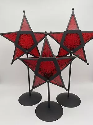 Moroccan Style Star Lantern Candle Holder Red Set Of 3 Glass And Metal • $55