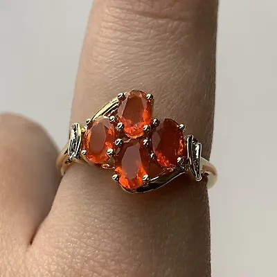 Fire Opal & Diamond Cluster Twist Ring 9ct 9k Yellow Gold - Size P • £150