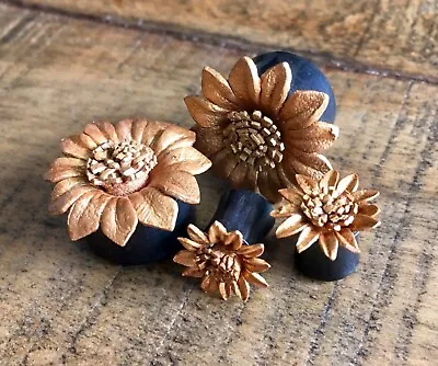 PAIR Gold Leather Flower Plugs Tunnels Gauges Earlets Body Jewelry • $17.95