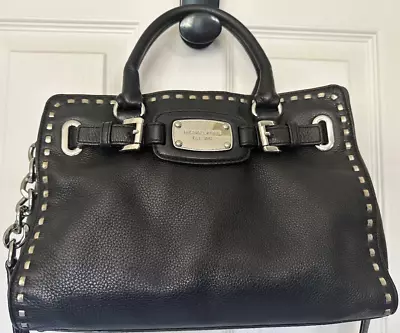 Michael Kors Hamilton Leather Black Silver Purse Satchel Crossbody Shoulder Bag • $75